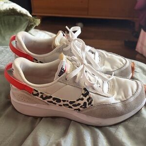 Nike Women's White and Red Sneakers with Leopard Print